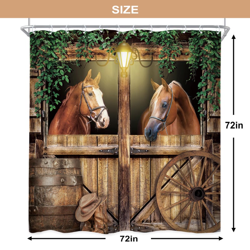 Newsely Western Horse Barn Door Shower Curtain 72Wx72H Inch Farmhouse Cowboy Old Wild West Green Leaves Shower Curtain Bathroom Set Wood Stable Wheels Waterproof Bath Decoration Accessories Home Decor - Image 5