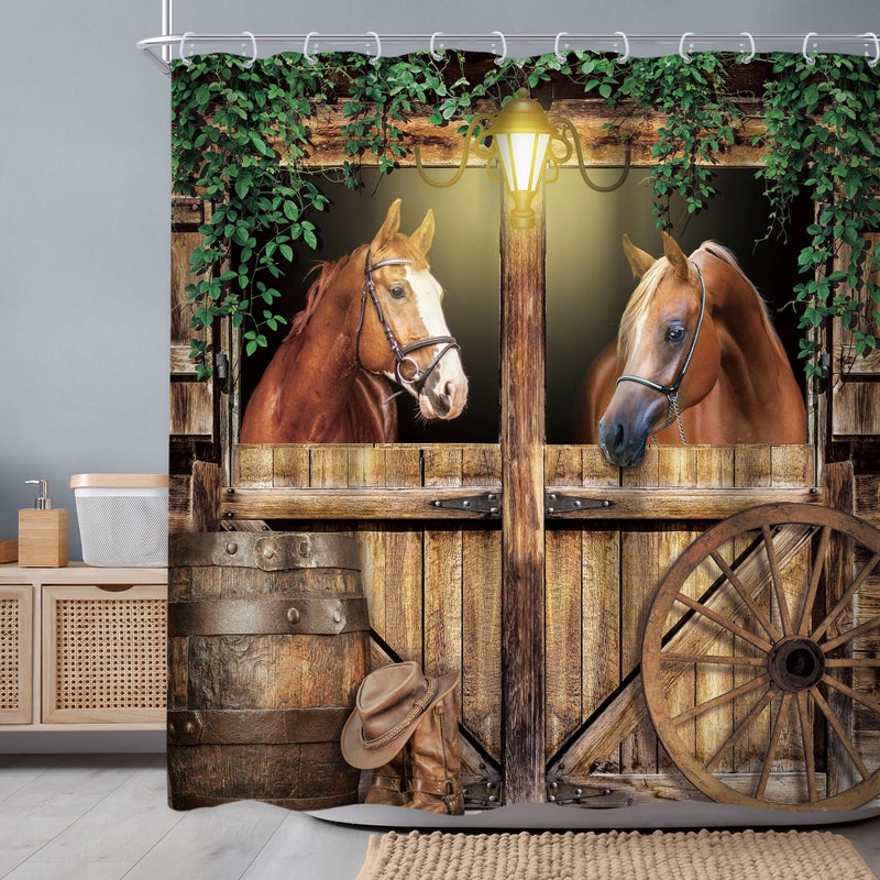 Newsely Western Horse Barn Door Shower Curtain 72Wx72H Inch Farmhouse Cowboy Old Wild West Green Leaves Shower Curtain Bathroom Set Wood Stable Wheels Waterproof Bath Decoration Accessories Home Decor - Image 2