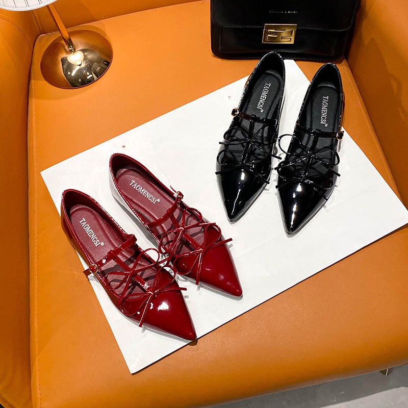 French-Style Bowknot Mary Jane Shoes For Petite Women With Hidden Height Increase, Shallow Pointed Toe, Chunky Heel, Fashionable And Versatile - Image 2