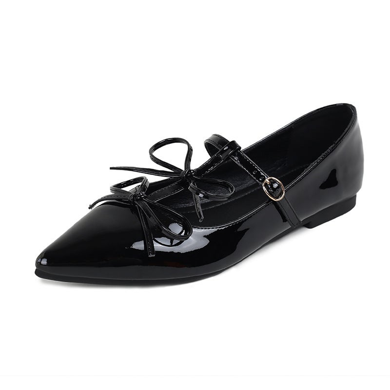 French-Style Bowknot Mary Jane Shoes For Petite Women With Hidden Height Increase, Shallow Pointed Toe, Chunky Heel, Fashionable And Versatile - Image 1