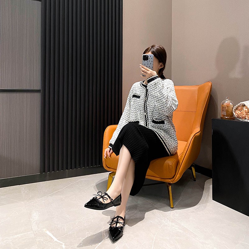 French-Style Bowknot Mary Jane Shoes For Petite Women With Hidden Height Increase, Shallow Pointed Toe, Chunky Heel, Fashionable And Versatile - Image 5