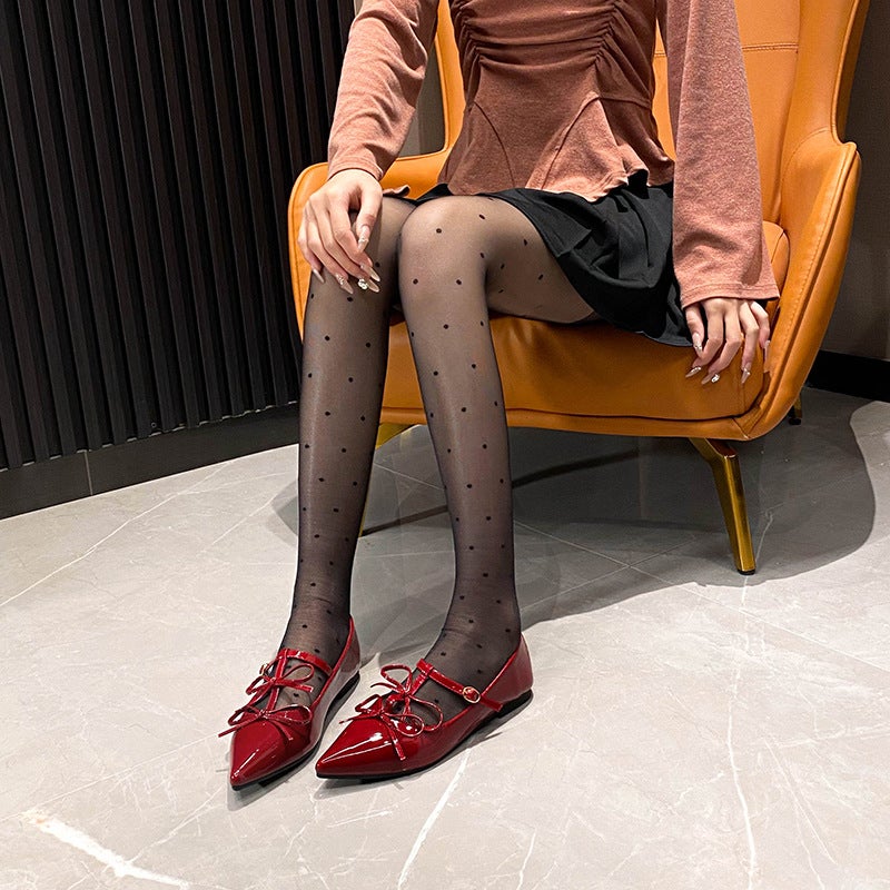 French-Style Bowknot Mary Jane Shoes For Petite Women With Hidden Height Increase, Shallow Pointed Toe, Chunky Heel, Fashionable And Versatile - Image 3
