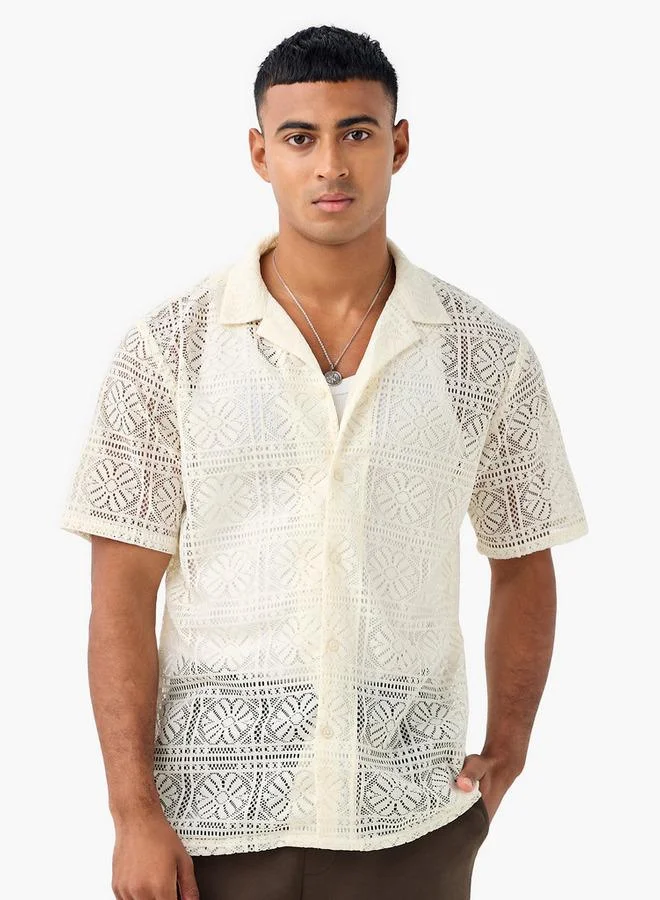 Splash FAV Regular Fit Lace Textured Shirt with Camp Collar and Short Sleeves