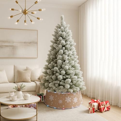 ATTGREAT Christmas Tree Collar with Lights Burlap Base Cover 17 Light Modes Printed Snowflake Decoration for Artificial Christmas Tree Rustic Home Party Decorations 24Inch Brown - Image 3