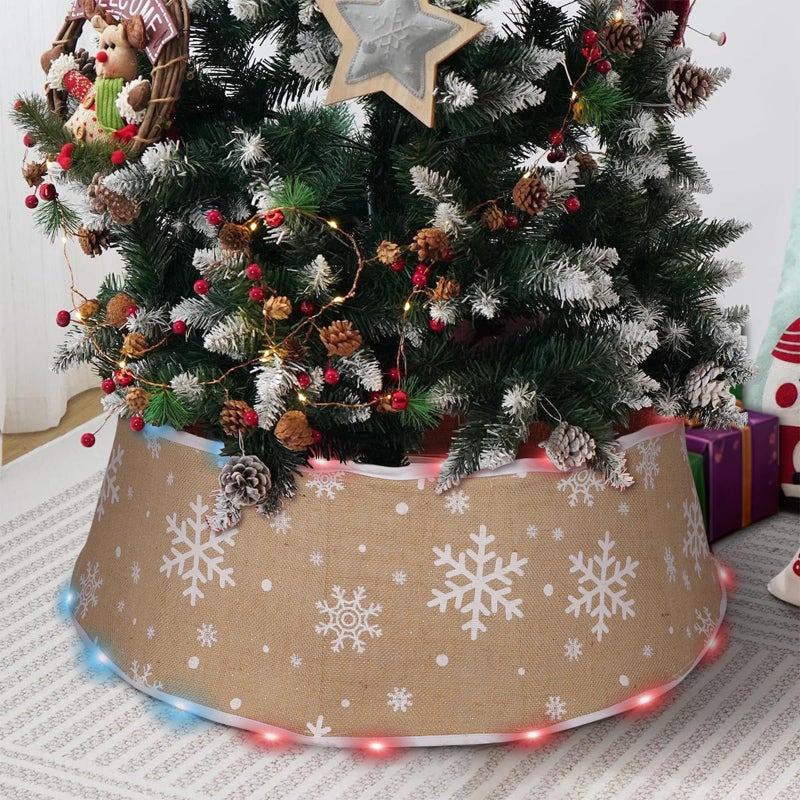 ATTGREAT Christmas Tree Collar with Lights Burlap Base Cover 17 Light Modes Printed Snowflake Decoration for Artificial Christmas Tree Rustic Home Party Decorations 24Inch Brown - Image 2