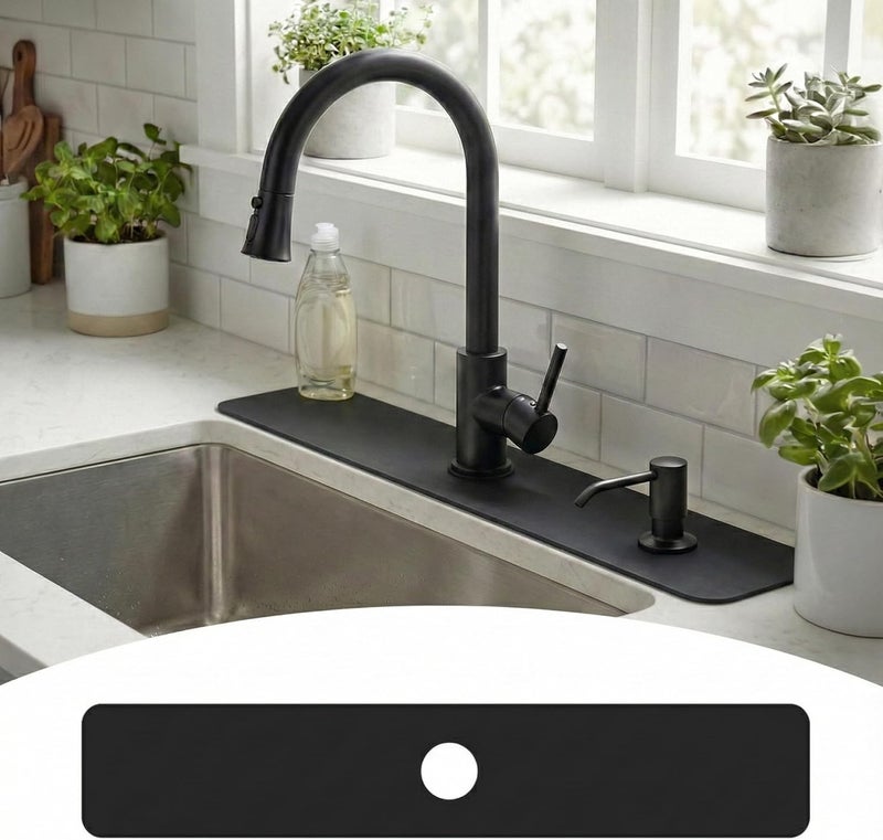 EazziSwitch 33"Lx5.5"W Long Kitchen Sink Faucet Mat: Customizable Splash Guard with Pre-Cut Center Hole for Large Double bowl Sink, Trimmable to Fit 2, 3, 4 Holes Faucet & Irregular Sink with Soap Dispenser - Image 1