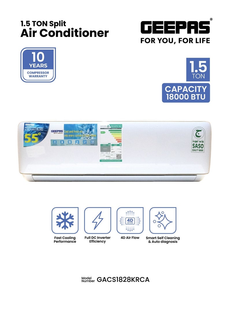 GEEPAS 1.5 Ton Split Air Conditioner (18,000 BTU) Inverter | 4D Airflow & Smart Self-Cleaning | Auto-Diagnosis & 10-Year Compressor Warranty GACS1828KRCA White - Image 1