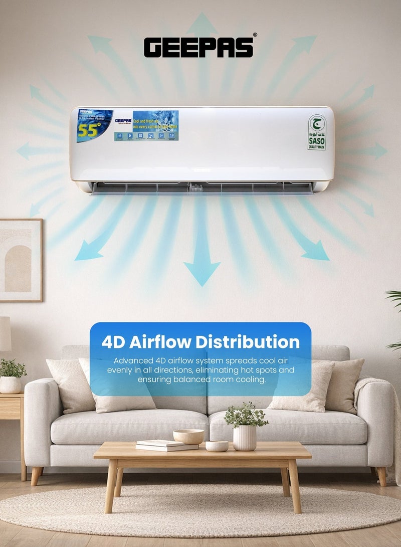 GEEPAS 1.5 Ton Split Air Conditioner (18,000 BTU) Inverter | 4D Airflow & Smart Self-Cleaning | Auto-Diagnosis & 10-Year Compressor Warranty GACS1828KRCA White - Image 2