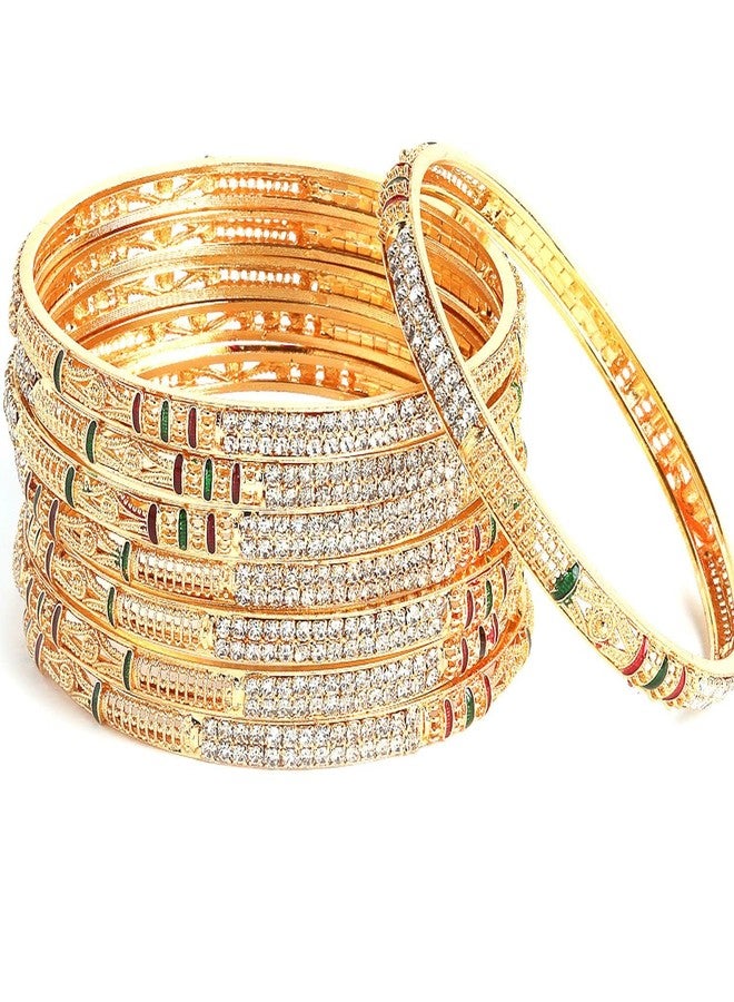 KENNICE Set Of 8 Gold-Plated Brass American Diamond Studded Meenakari Bangle Set Jewellery For Women & Girls - Image 1