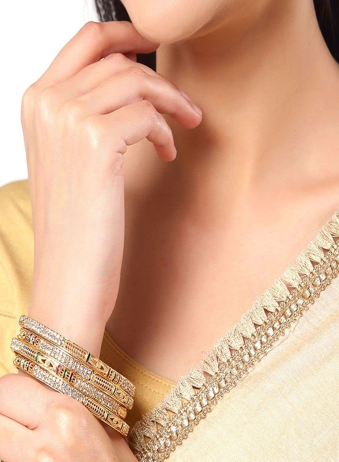 KENNICE Set Of 8 Gold-Plated Brass American Diamond Studded Meenakari Bangle Set Jewellery For Women & Girls - Image 3