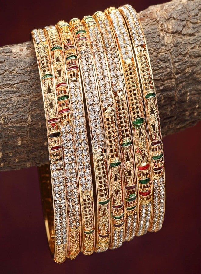 KENNICE Set Of 8 Gold-Plated Brass American Diamond Studded Meenakari Bangle Set Jewellery For Women & Girls - Image 2