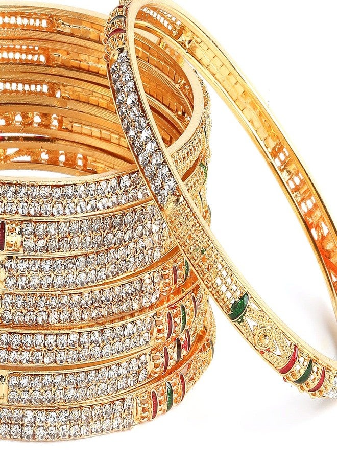 KENNICE Set Of 8 Gold-Plated Brass American Diamond Studded Meenakari Bangle Set Jewellery For Women & Girls - Image 4