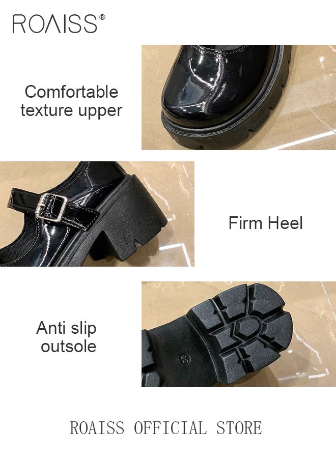 roaiss Mary Jane Chunky Leather Shoes for Women Square Toe Heeled Flatform Shoes with Buckle Decor Ankle Strap for Girls for Vintage Uniform Dress Anti-Slip Pure Black for Daily Wear - Image 4