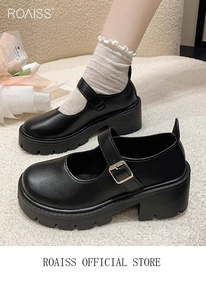 roaiss Mary Jane Chunky Leather Shoes for Women Square Toe Heeled Flatform Shoes with Buckle Decor Ankle Strap for Girls for Vintage Uniform Dress Anti-Slip Pure Black for Daily Wear - Image 5