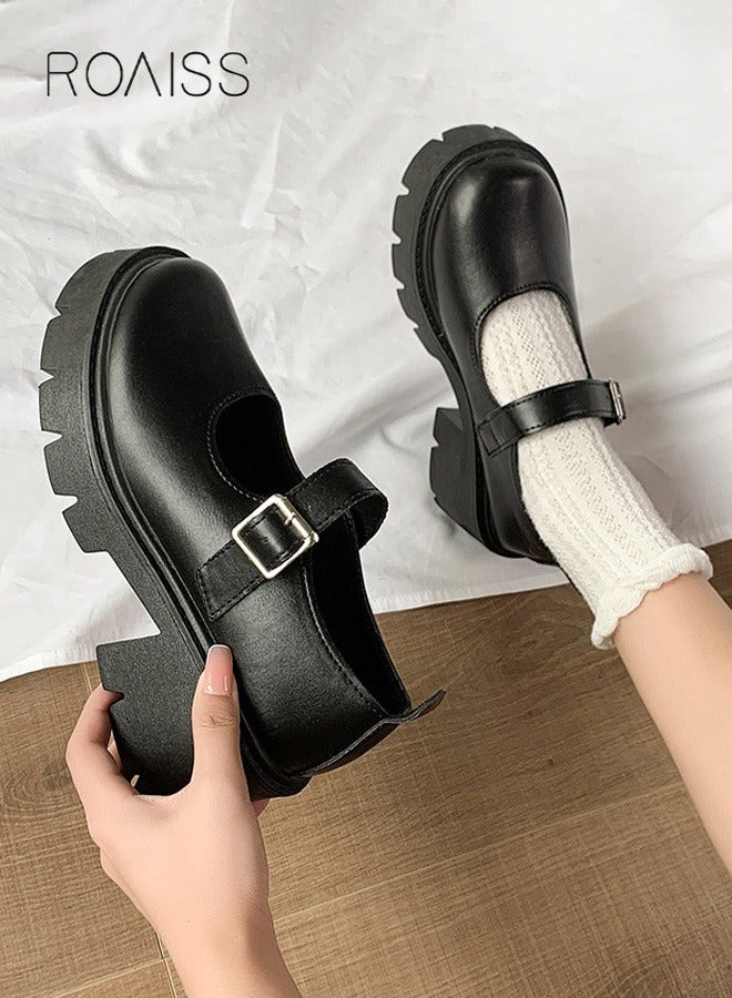 roaiss Mary Jane Chunky Leather Shoes for Women Square Toe Heeled Flatform Shoes with Buckle Decor Ankle Strap for Girls for Vintage Uniform Dress Anti-Slip Pure Black for Daily Wear - Image 1