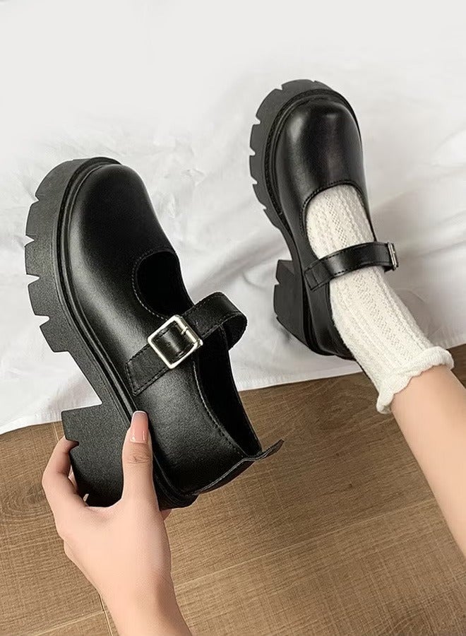 roaiss Mary Jane Chunky Leather Shoes for Women Square Toe Heeled Flatform Shoes with Buckle Decor Ankle Strap for Girls for Vintage Uniform Dress Anti-Slip Pure Black for Daily Wear - Image 2