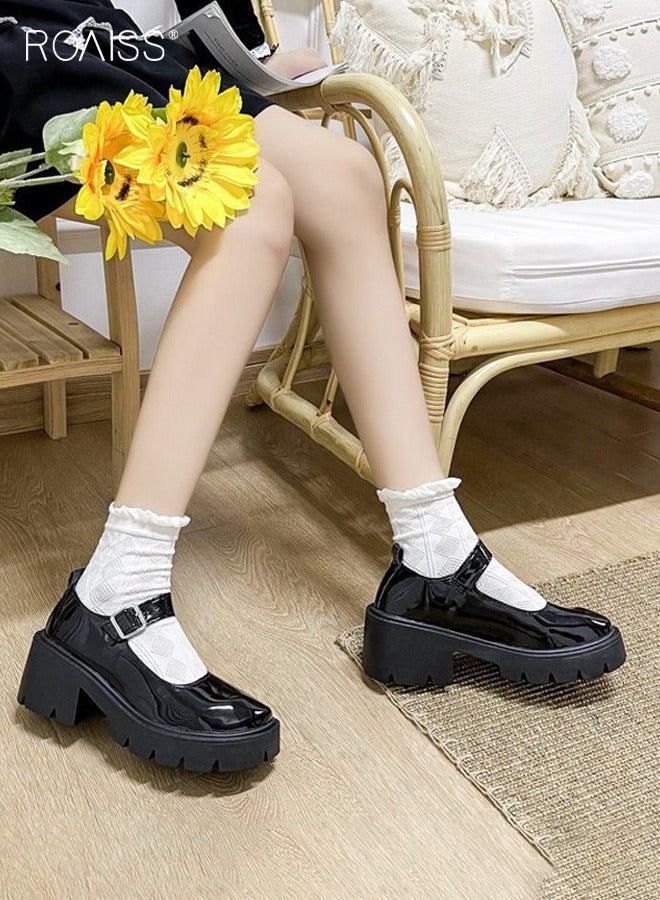 roaiss Mary Jane Chunky Leather Shoes for Women Square Toe Heeled Flatform Shoes with Buckle Decor Ankle Strap for Girls for Vintage Uniform Dress Anti-Slip Pure Black for Daily Wear - Image 3