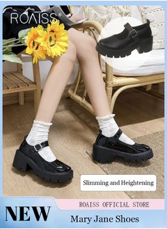 roaiss Mary Jane Chunky Leather Shoes for Women Square Toe Heeled Flatform Shoes with Buckle Decor Ankle Strap for Girls for Vintage Uniform Dress  - Image 1