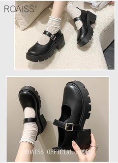 roaiss Mary Jane Chunky Leather Shoes for Women Square Toe Heeled Flatform Shoes with Buckle Decor Ankle Strap for Girls for Vintage Uniform Dress  - Image 5