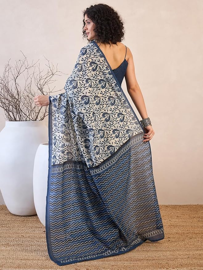 NK Textiles Women's Peacock Batik Block Print Navy Blue Colored Soft Mul Mul Cotton Saree with Blouse (3 DESIGNS) - Image 3