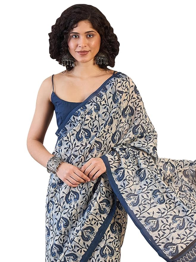 NK Textiles Women's Peacock Batik Block Print Navy Blue Colored Soft Mul Mul Cotton Saree with Blouse (3 DESIGNS) - Image 5