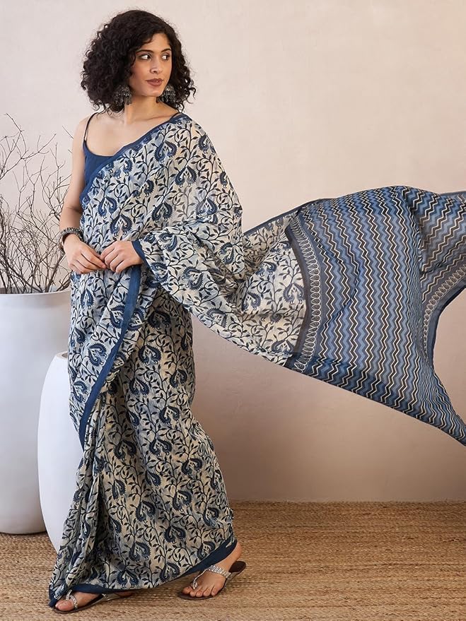 NK Textiles Women's Peacock Batik Block Print Navy Blue Colored Soft Mul Mul Cotton Saree with Blouse (3 DESIGNS) - Image 2