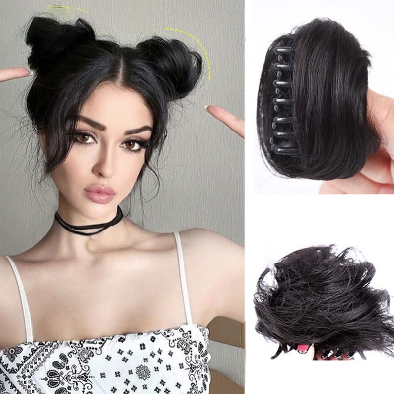 AUOCATTAIL 2pcs Mini Claw Clip in Messy Bun Hair Piece Space Bun Hair Pieces Donut Chignon Synthetic Bun in Hairpieces Extensions Wig Accessory for Women Girls 31 Wavy  BrownBlack