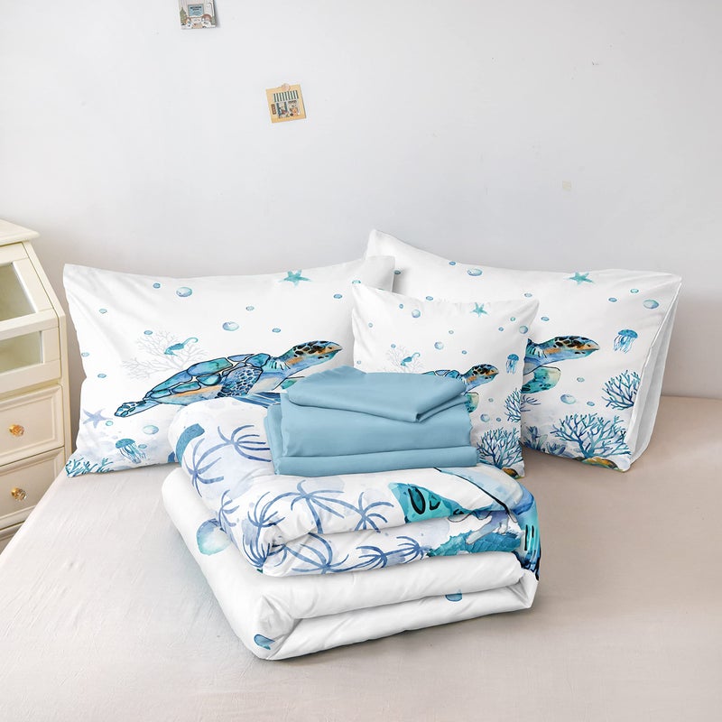 Bedorm Sea Turtle Comforter Ocean Theme Bedding Set Full Size Bed in a Bag 8 Pieces Bed Set with 1 Ocean Comforter, 1 Blue Flat Sheet, 1 Fitted Sheet, 4 Pillowcases, 1 Cushion Cover(Sea Turtle, Full) - Image 4