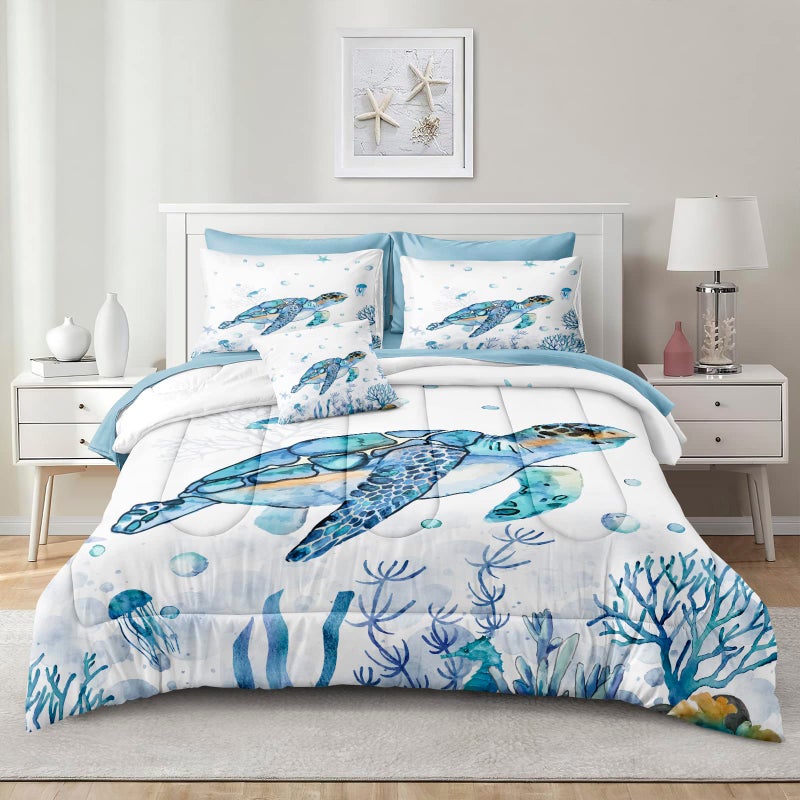 Bedorm Sea Turtle Comforter Ocean Theme Bedding Set Full Size Bed in a Bag 8 Pieces Bed Set with 1 Ocean Comforter, 1 Blue Flat Sheet, 1 Fitted Sheet, 4 Pillowcases, 1 Cushion Cover(Sea Turtle, Full) - Image 2