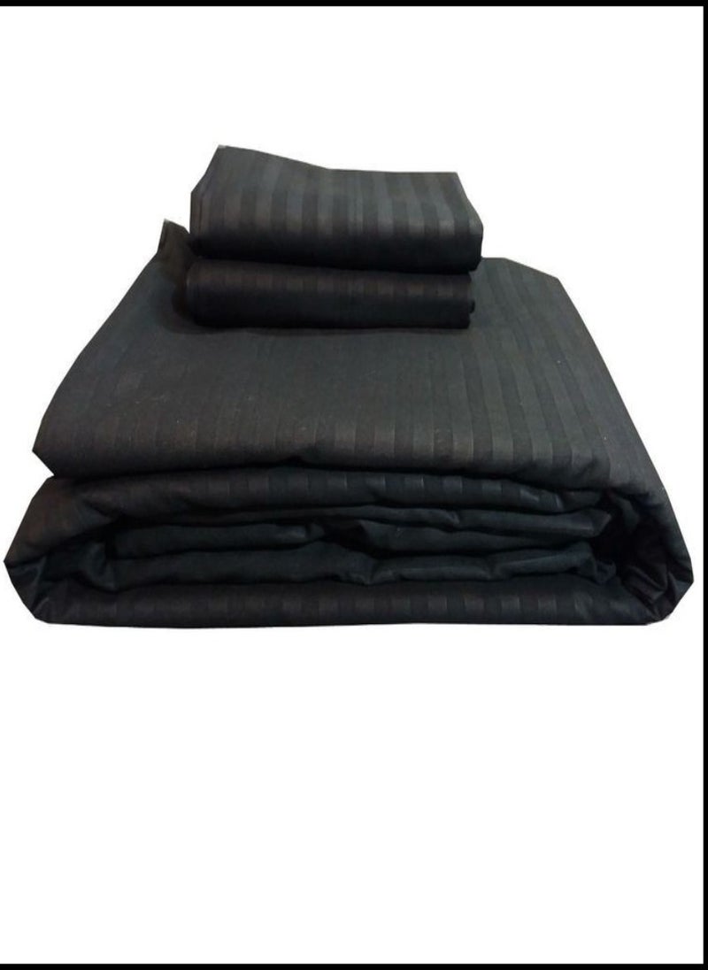 Blueberry طقم ملاءات سرير كوين مخططة سوداء من القطن 3 قطع بجيب عميق 180x200+25 سم - Image 1