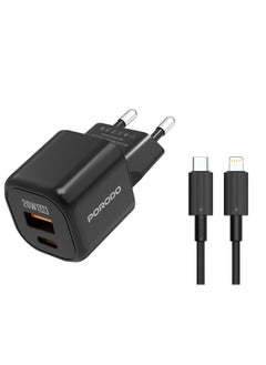 porodo GaN Dual-Port USB-A & Type-C QC 18W Quick Charger PD  20W Fast Charging with Simultaneous Charging & Built-In Safeguards / Reliable Companion / Over-Heat Protection / Type-C to Lightning Cable Included - Black  - Image 1