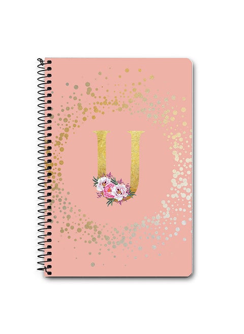 Designer A5 Spiral Notebook Memo Notepad Journal - Custom Monogram Initial Letter Floral Pattern Alphabet - U - Rose Pink