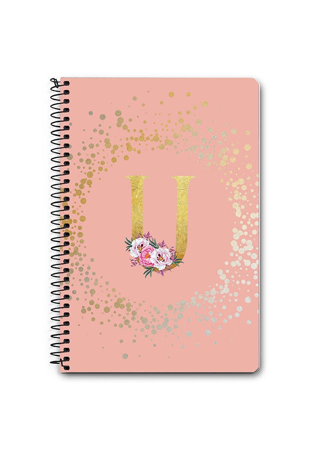 Designer A5 Spiral Notebook Memo Notepad Journal - Custom Monogram Initial Letter Floral Pattern Alphabet - U - Rose Pink