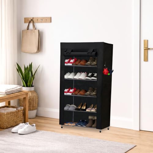 ROBMOB Metal Shoe Stand with Cover, 6 Tier Shoe Organizer for Home & Office - Black - Image 1
