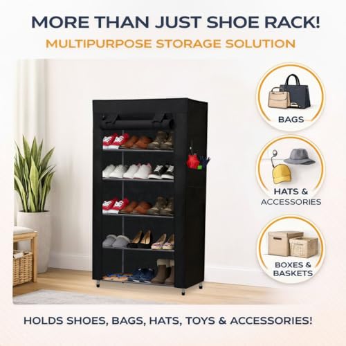 ROBMOB Metal Shoe Stand with Cover, 6 Tier Shoe Organizer for Home & Office - Black - Image 2