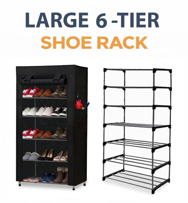 ROBMOB Metal Shoe Stand with Cover, 6 Tier Shoe Organizer for Home & Office - Black - Image 5