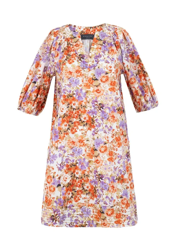 EXQUISE Pure Cotton V-Neck Floral Pattern Relaxed Fit Dress