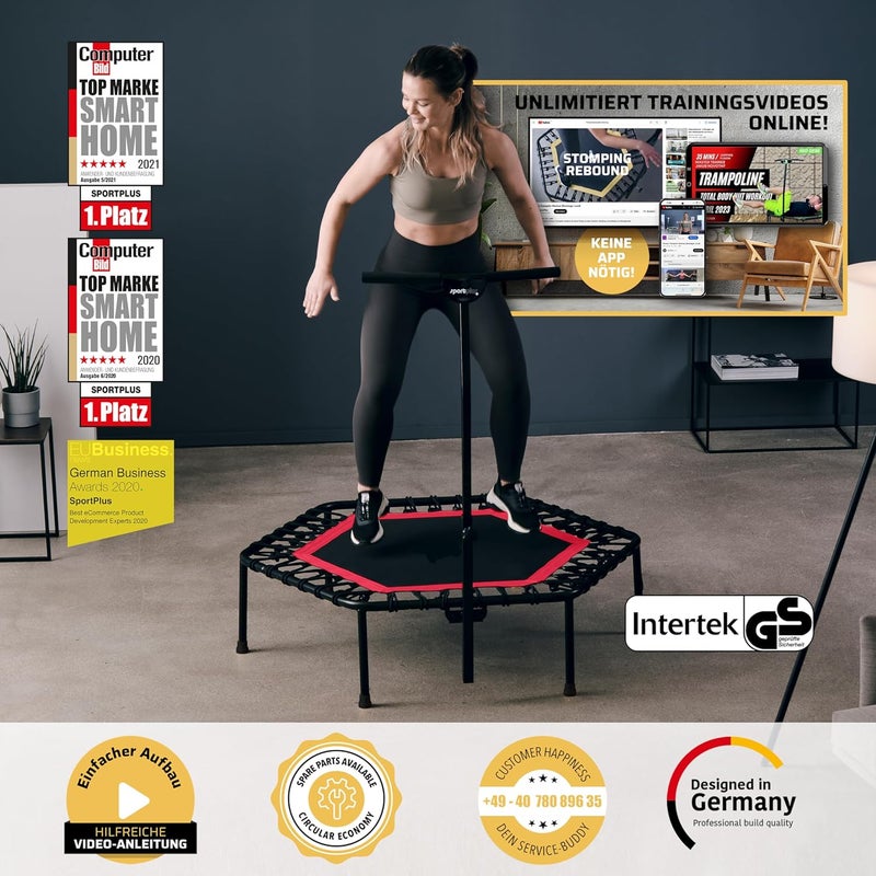 SportPlus ترامبولين داخلي، أزرق/أخضر/أحمر، ترامبولين لياقة بدنية منزلية مع قضيب قابل للتعديل في الارتفاع - Image 2
