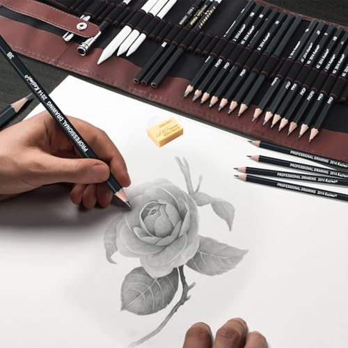 Tusmad Drawing Art Tool Kit Pencils,30 Pcs Sketching Pencils Set Travel Pencils Kit with Charcoal Pencils, Erasers, Extender, Carry Bag Etc for Students, Teens, Adults (with Canvas Rolling Pouch) - Image 3