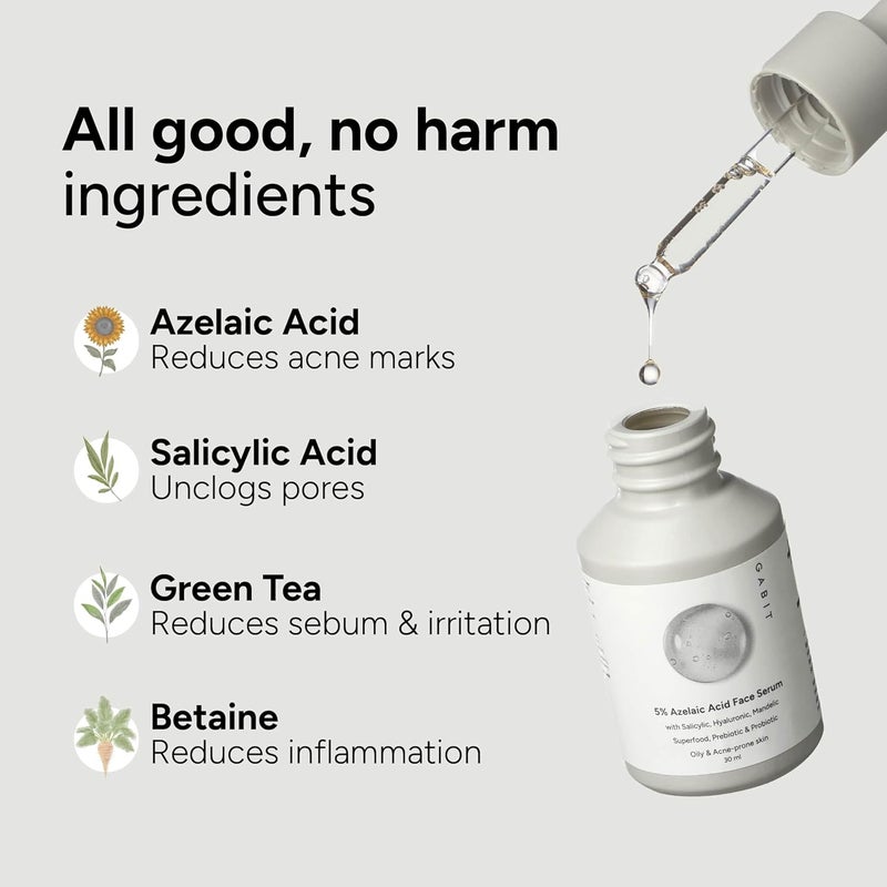 Gabit 5 Azelaic Acid Face Serum For AcneBlackheadsOpen Pores  SpotsSalicylic 1HyaluronicGreen TeaPrebioticProbioticFor OilyAcne Prone SkinOil  Fragrance freeFor Women  Men30 ml - Image 3