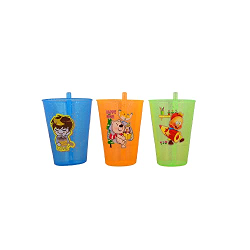 PUTHAK 3 PCS Cartoon Printed Straw Cup, Baby Straw Glass with Attached Straws, 250ml Special Supplies Juice Bottle for Infant Feeding, Drinking Needs (Multicolor) - Image 1