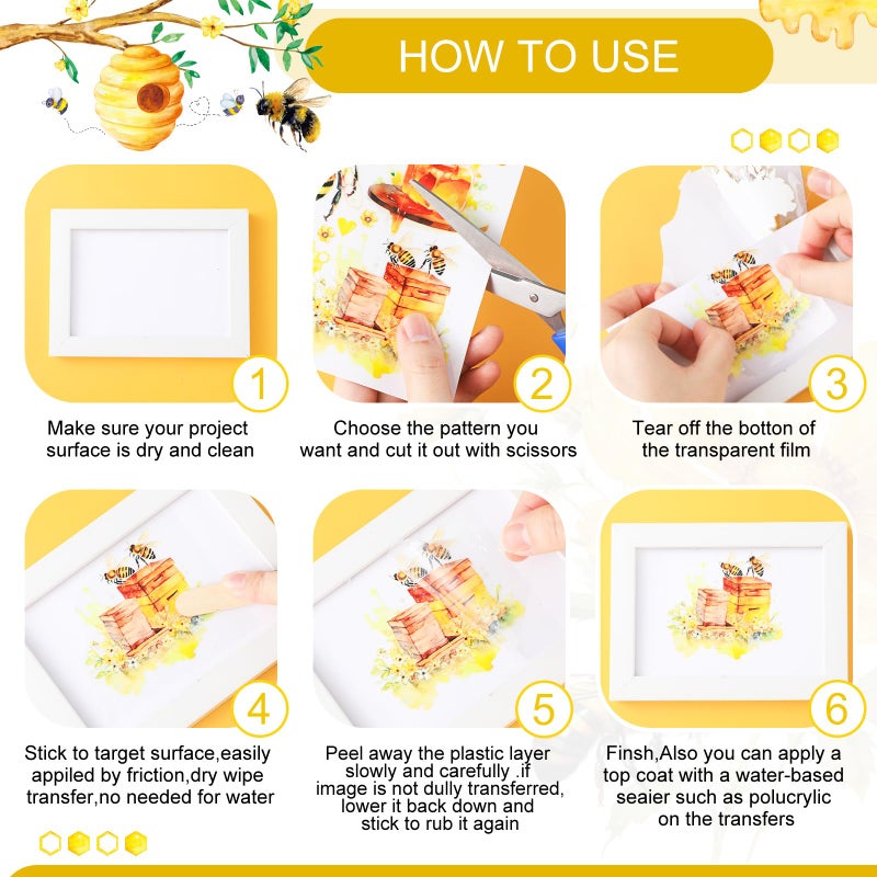 BBTO 12 Sheets Rub on Transfers for Crafts and Furniture Rub on Transfer Stickers Decals for Wood DIY Paper Home Decor, 5.5 x 5.7 Inch(Bee) - Image 3