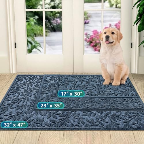 Bulijojo Sturdy Front Entrance Doormats,Durable Heavy Duty Welcome Mat,Thick Absorbent Natural Rubber Non Slip Mat,Easy Clean Entryway Mat 17x30 Inch Leaves Blue - Image 3