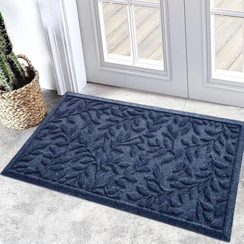 Bulijojo Sturdy Front Entrance Doormats,Durable Heavy Duty Welcome Mat,Thick Absorbent Natural Rubber Non Slip Mat,Easy Clean Entryway Mat 17x30 Inch Leaves Blue - Image 1