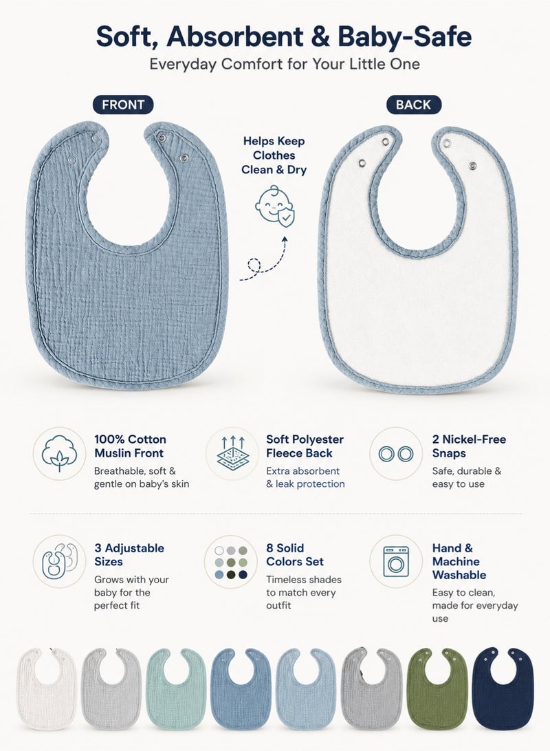 Bebiland 8 PCS Baby Drool Bibs, 100% Cotton Muslin Bandana Drool Bibs, Double Layer Waterproof Teething Bibs for Newborns, Adjustable Neutral Colors for Baby Boys Girls 0-36 Months - Image 2