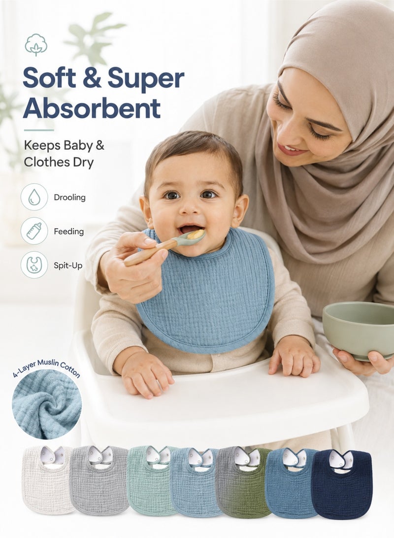 Bebiland 8 PCS Baby Drool Bibs, 100% Cotton Muslin Bandana Drool Bibs, Double Layer Waterproof Teething Bibs for Newborns, Adjustable Neutral Colors for Baby Boys Girls 0-36 Months - Image 5