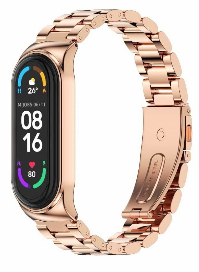 Metal Watch Strap for Xiaomi Band, Stainless Steel WatchBand, Metal Replacement WatchBand, Smartwatch Replacement Bands, for Xiaomi Band 6/5/4/3 (Rose Gold) - Image 1