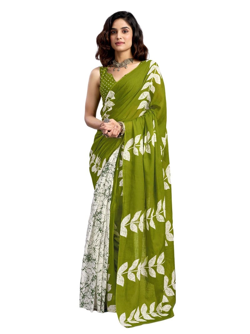 Satrani Women's Pure Cotton Printed Ready To Wear Saree with Unstitched Blouse Piece (38RS132_Green1) - Image 1