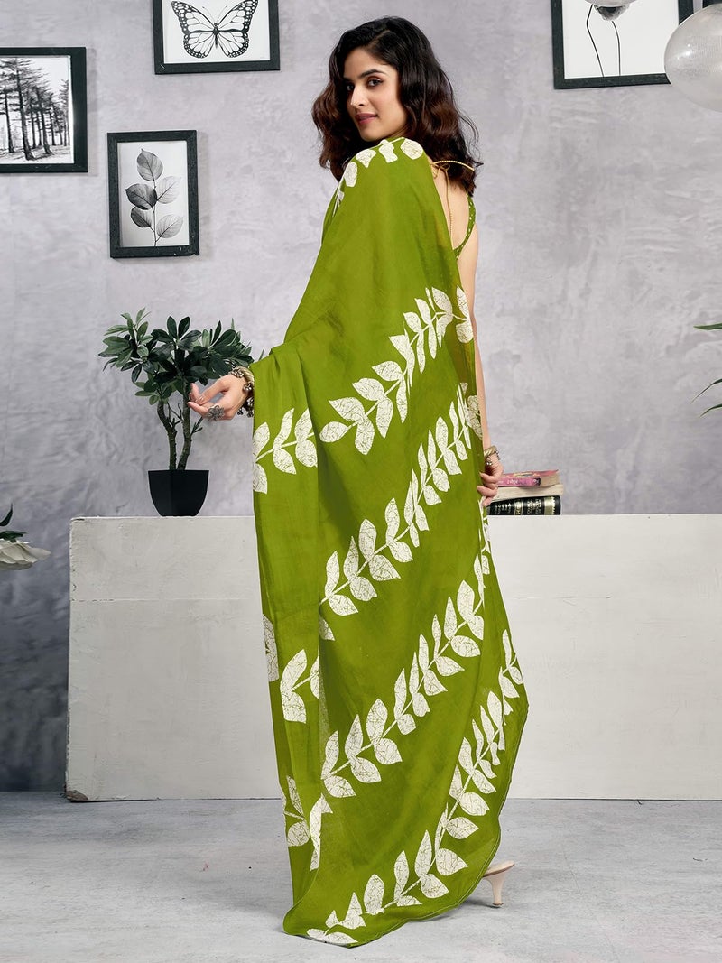 Satrani Women's Pure Cotton Printed Ready To Wear Saree with Unstitched Blouse Piece (38RS132_Green1) - Image 3