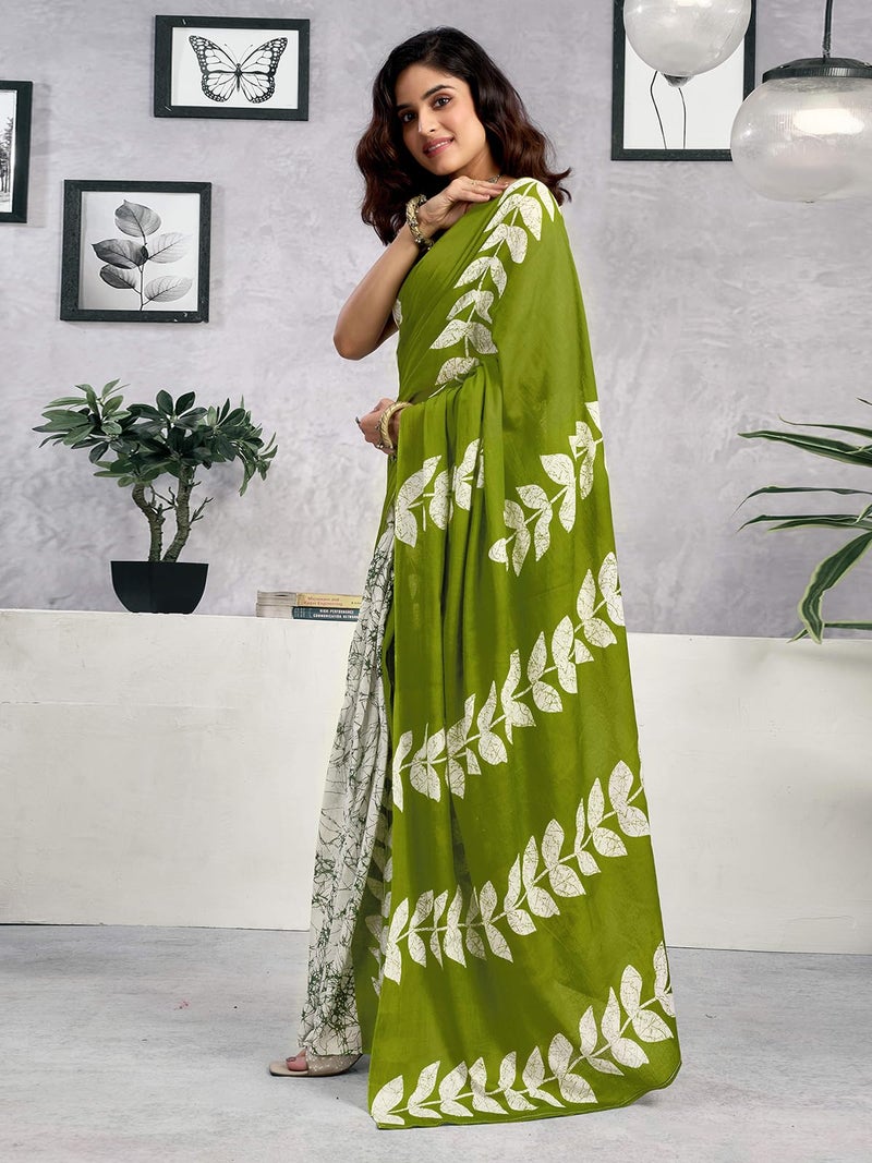 Satrani Women's Pure Cotton Printed Ready To Wear Saree with Unstitched Blouse Piece (38RS132_Green1) - Image 2